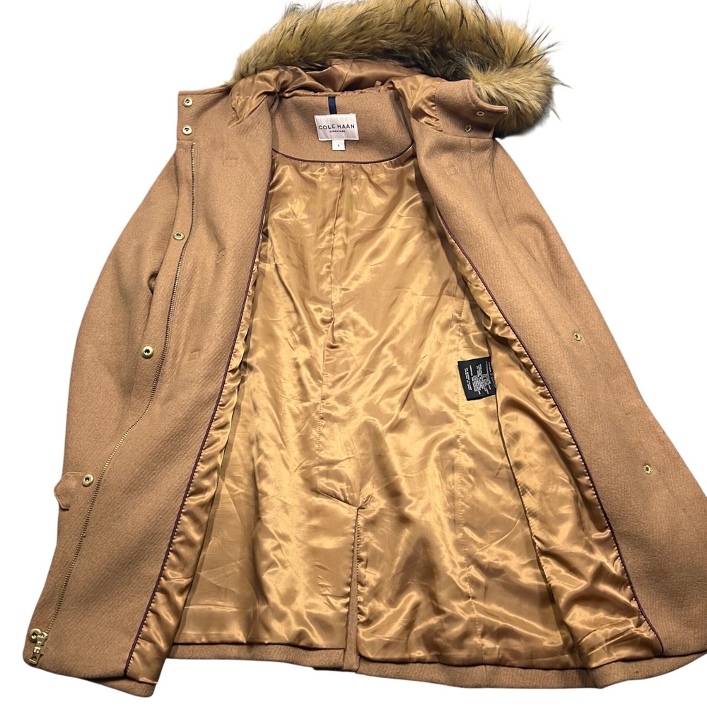 Cole Haan Signature Womens Camel Wool Blend Faux Fur Hood Toggle Coat Duffel 6 M - Picture 4 of 9